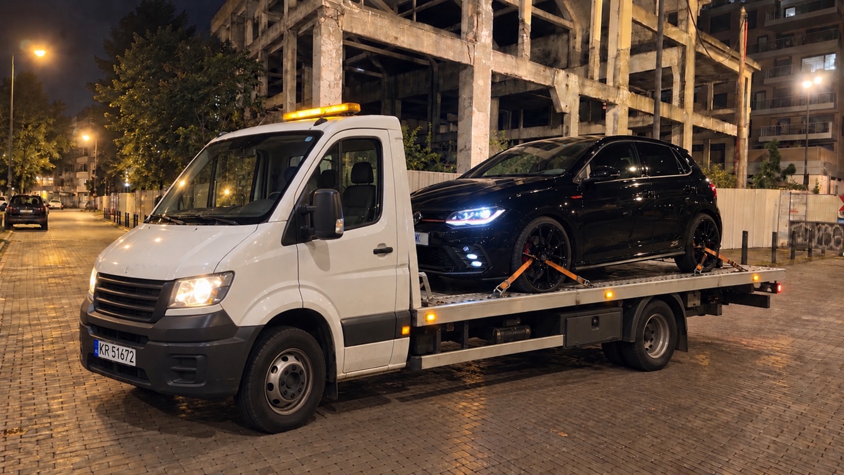 Nocny transport czarnego samochodu na lawecie